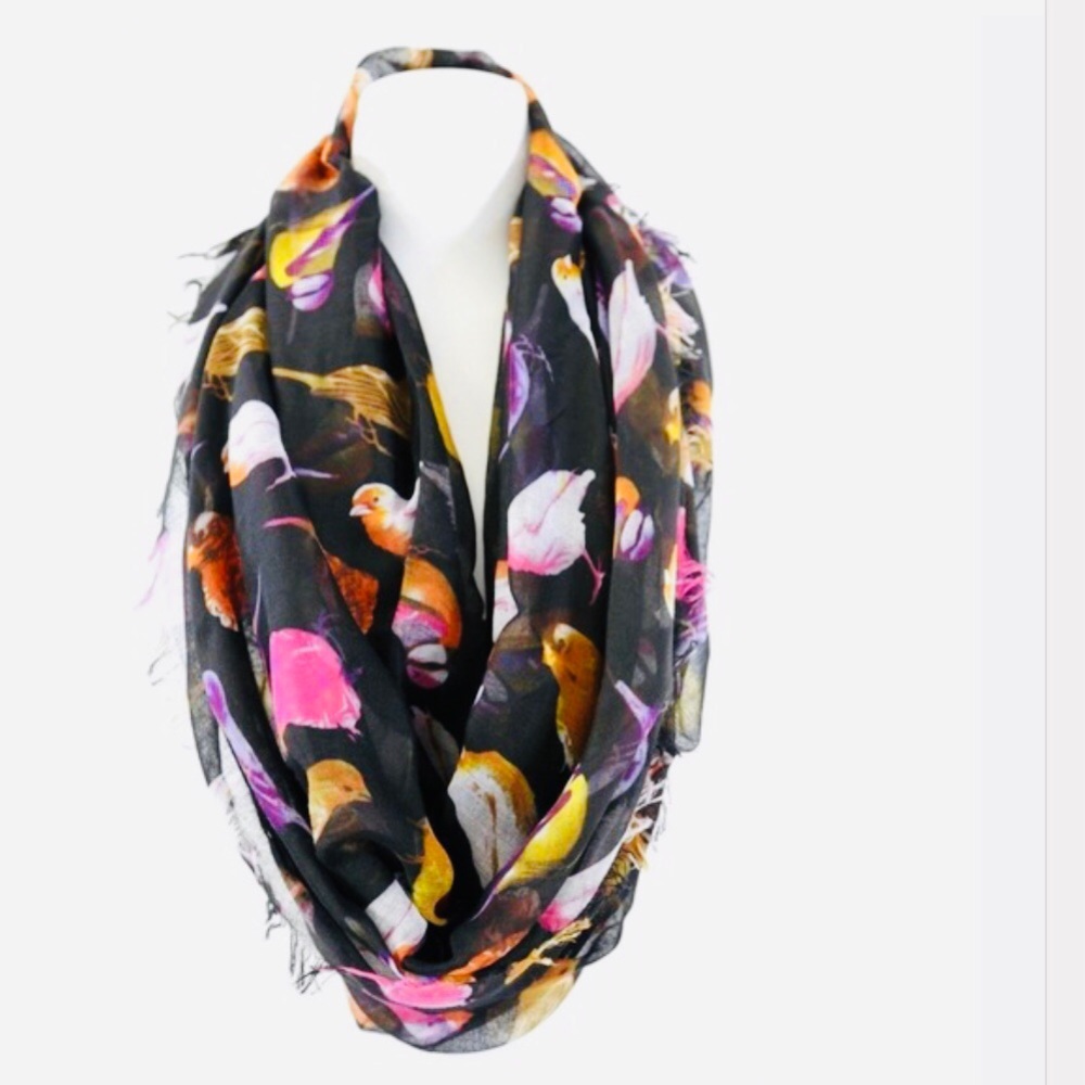 Single Infinity Songbird Scarf in Black with bright multicolored song 🎵 birds